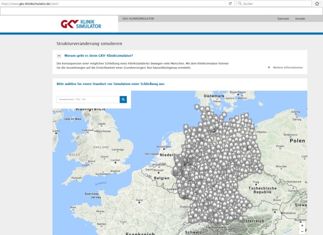 Die Startseite des Kliniksimulators verzeichnet alle deutschen Grundversorger-Krankenhäuser