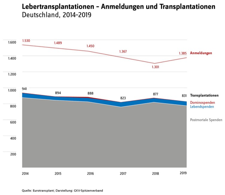 Lebertransplantationen: Anmeldungen und Transplantationen in Deutschland, 2014 bis 2019