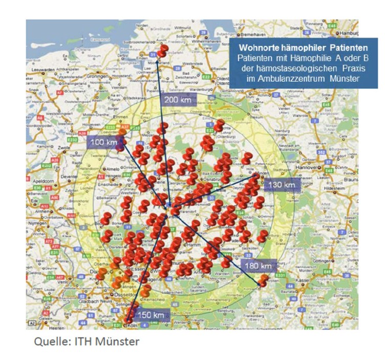 Die Grafik zeigt die Anfahrtswege von Hämophilie-Patientinnen und -Patienten ins ITH Münster